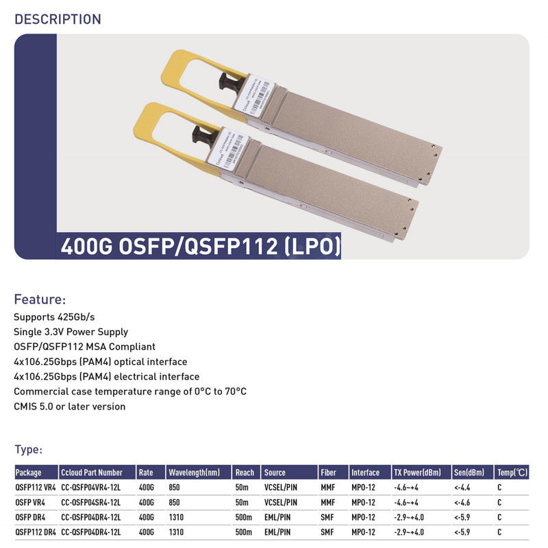 400G QSFP112 SR4 Hot-Plug Multimode Fiber Optic Transceiver 100m Интерконнекция для центров обработки данных и оптических интерконнекций