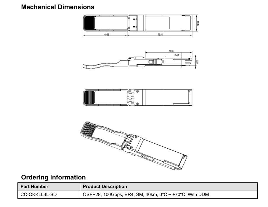 Единый источник питания 3.3V 100GBase QSFP28 ER4 40KM Волоконно-оптическое оборудование Дуплексный LC оптический приемопередатчик модуль для ваших требований